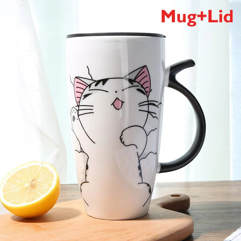 Cute Cat Ceramic Coffee Mug With Lid - 600ml
