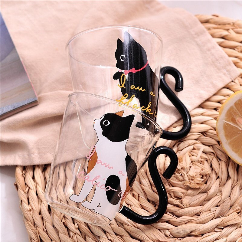 Cute Black Cat Glass Coffee Mug Set