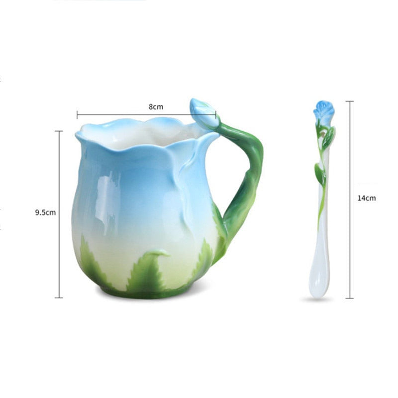 Rose Flower Shaped Ceramic Coffee Mug With Spoon