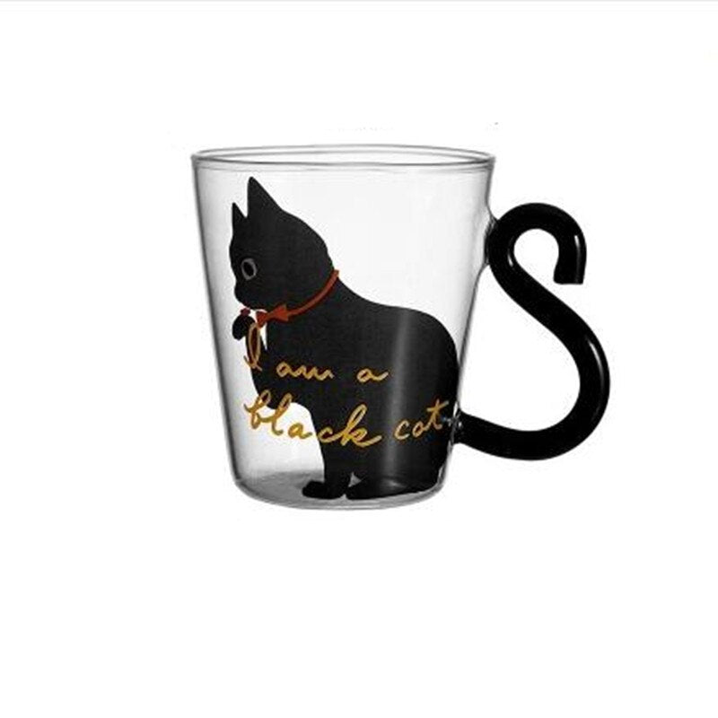Cute Black Cat Glass Coffee Mug Set
