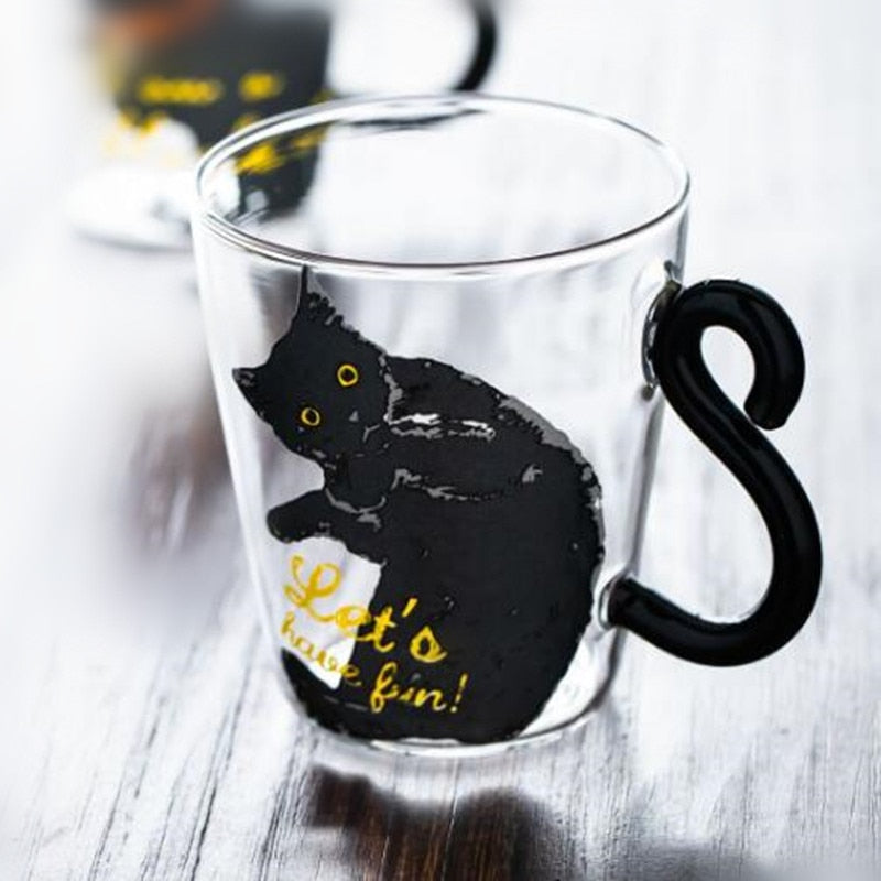 Cute Black Cat Glass Coffee Mug Set