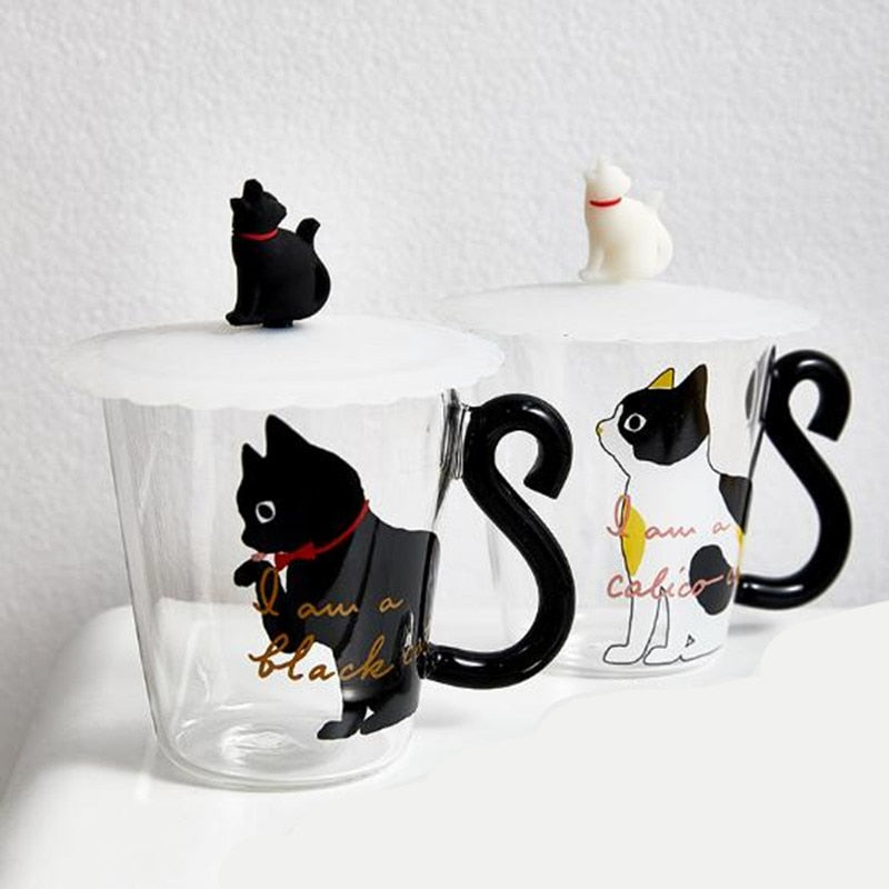 Cute Black Cat Glass Coffee Mug Set