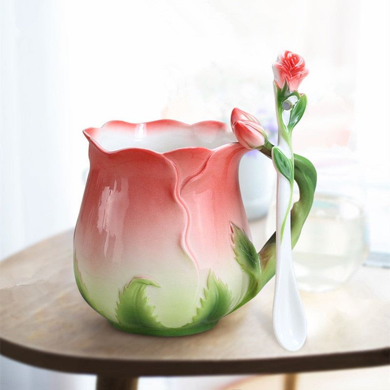 Rose Flower Shaped Ceramic Coffee Mug With Spoon