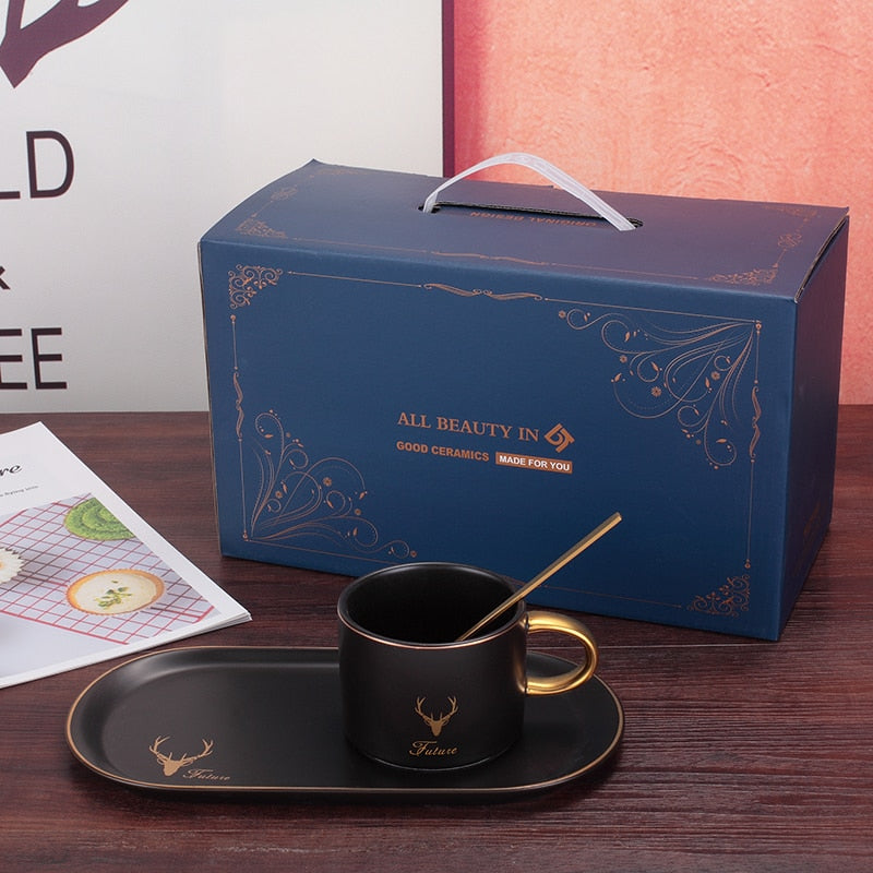 Gold Rim Ceramics Coffee Cups Set With Gift Box