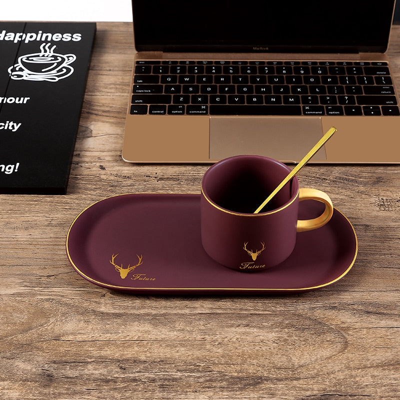 Gold Rim Ceramics Coffee Cups Set With Gift Box