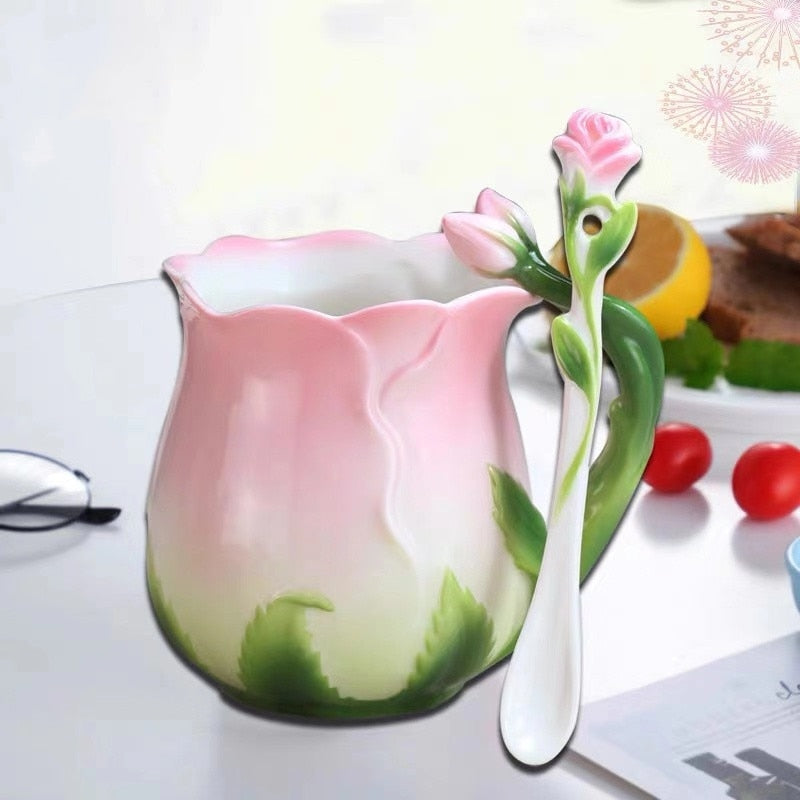 Rose Flower Shaped Ceramic Coffee Mug With Spoon