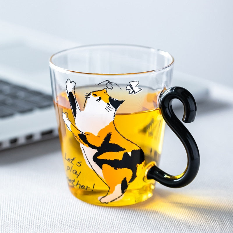 Cute Black Cat Glass Coffee Mug Set