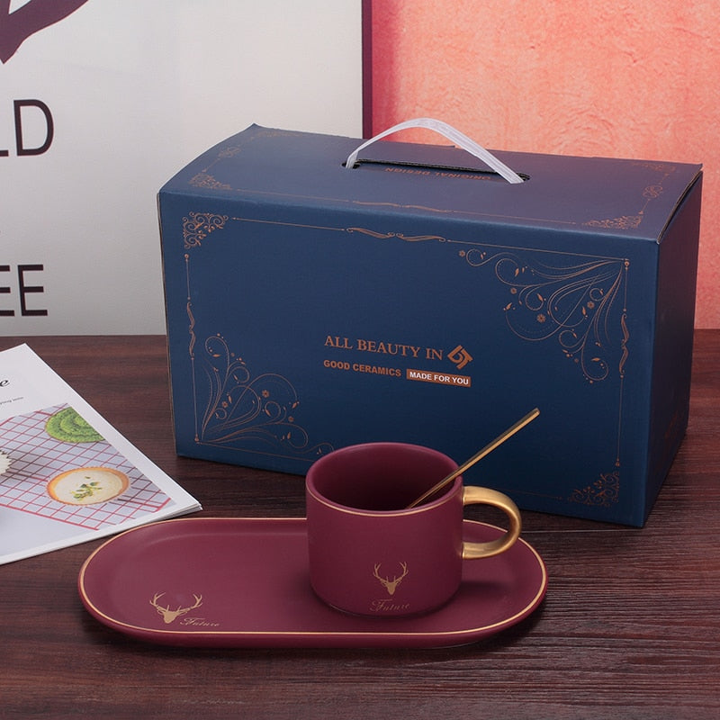 Gold Rim Ceramics Coffee Cups Set With Gift Box