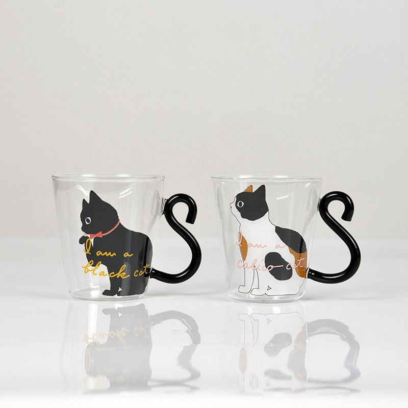 Cute Black Cat Glass Coffee Mug Set
