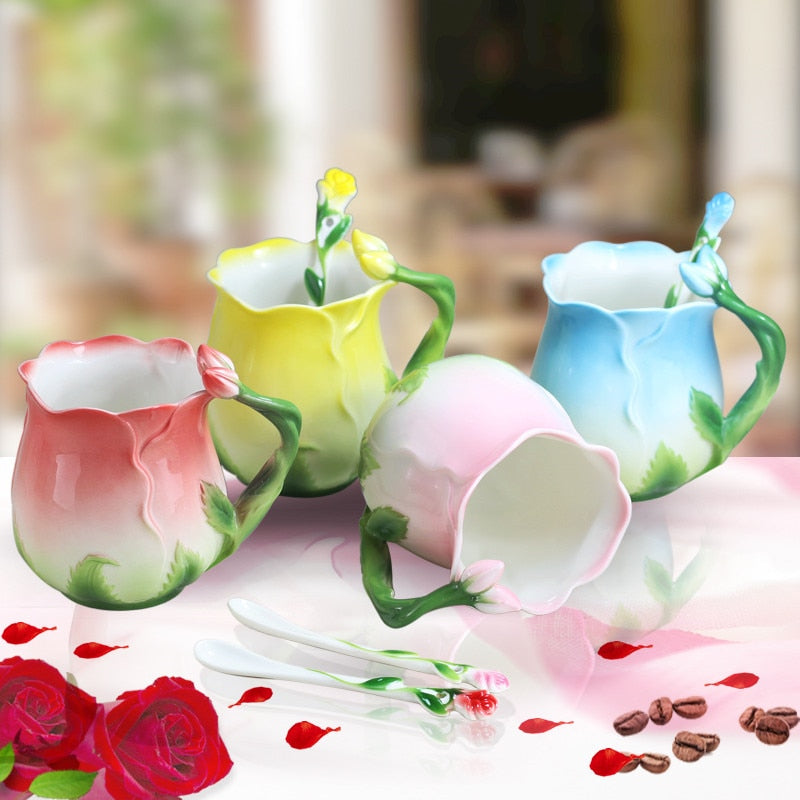 Rose Flower Shaped Ceramic Coffee Mug With Spoon