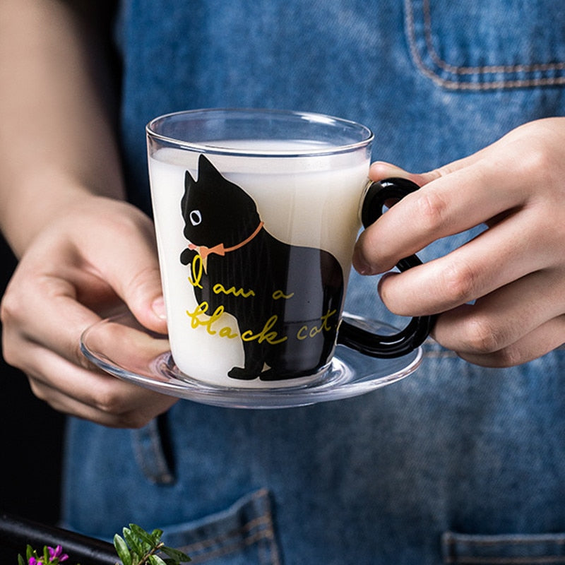 Cute Black Cat Glass Coffee Mug Set