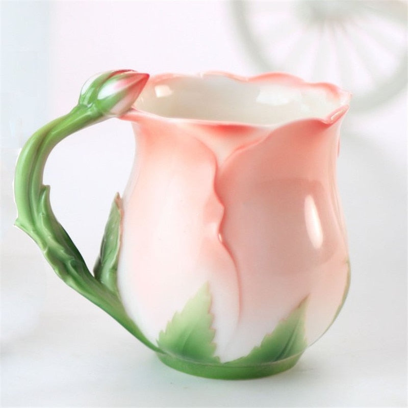 Rose Flower Shaped Ceramic Coffee Mug With Spoon