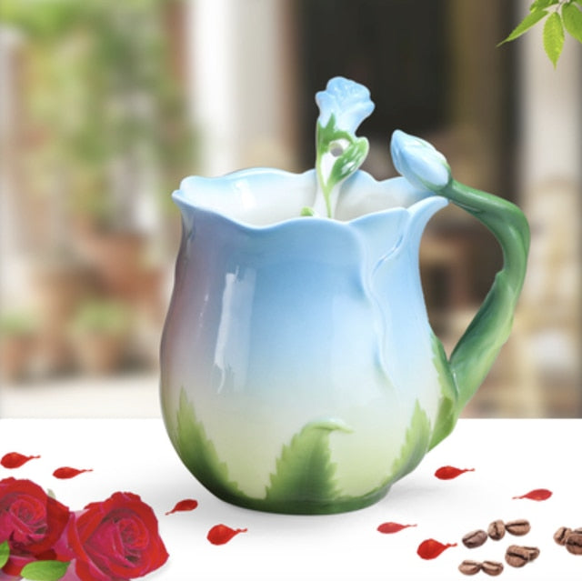 Rose Flower Shaped Ceramic Coffee Mug With Spoon