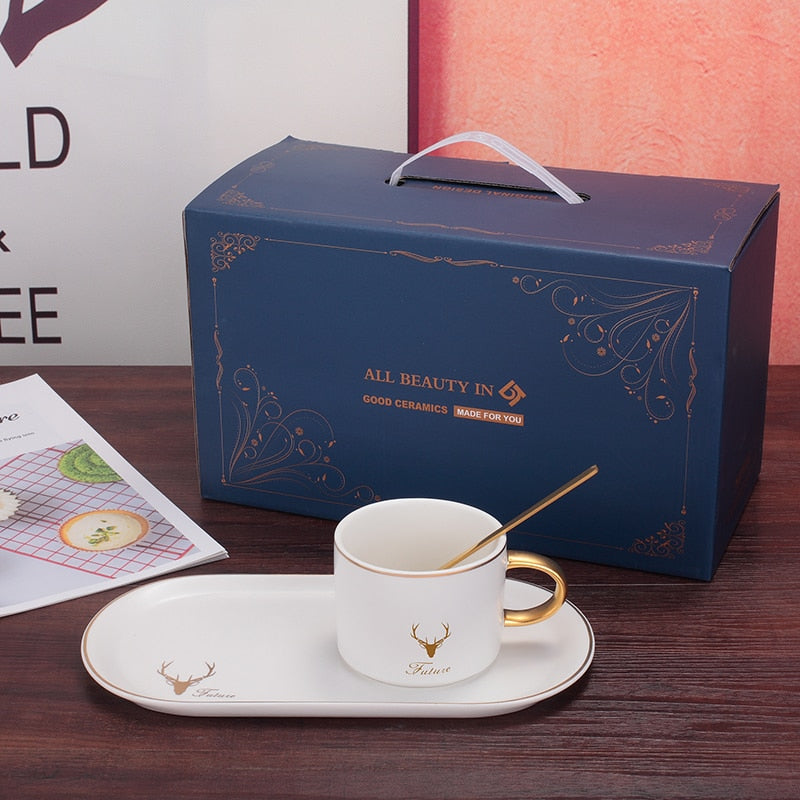 Gold Rim Ceramics Coffee Cups Set With Gift Box