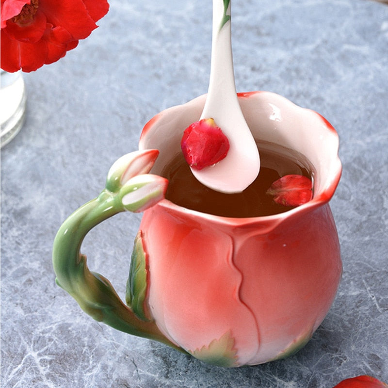 Rose Flower Shaped Ceramic Coffee Mug With Spoon