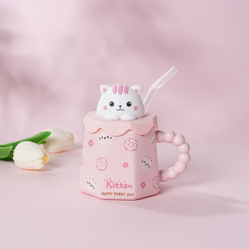 Cute Cartoon Ceramic Coffee Mug with Lid
