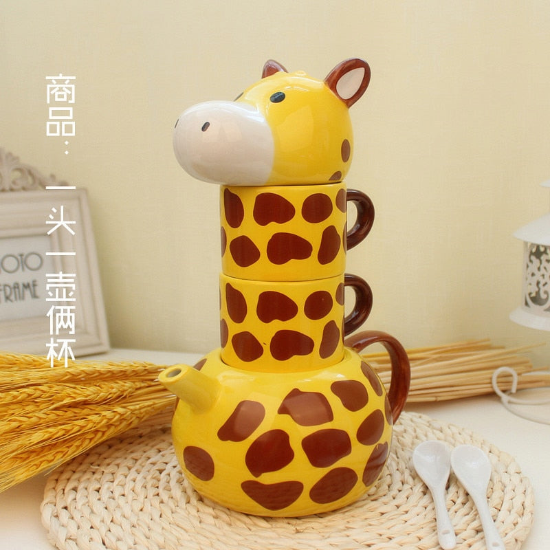 Cute Giraffe Shaped Ceramic Tea Pot with 2 Cups