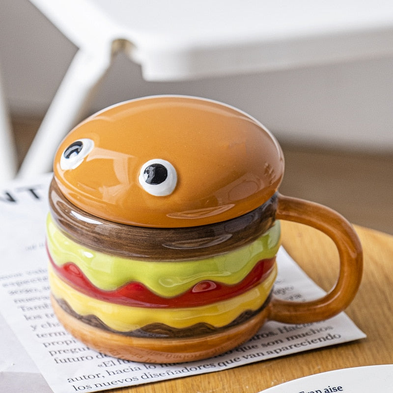 Cute Hamburger Funny Ceramic Coffee Mugs with Lid