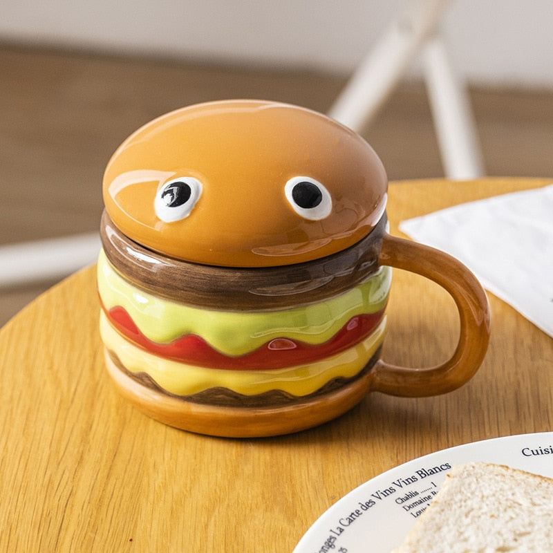 Cute Hamburger Funny Ceramic Coffee Mugs with Lid