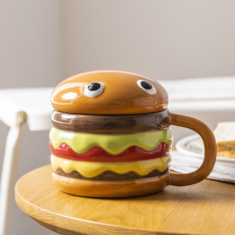 Cute Hamburger Funny Ceramic Coffee Mugs with Lid