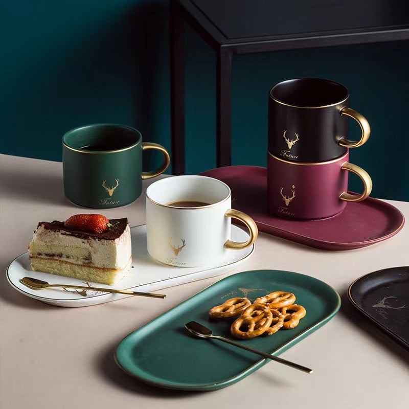 Gold Rim Ceramics Coffee Cups Set With Gift Box