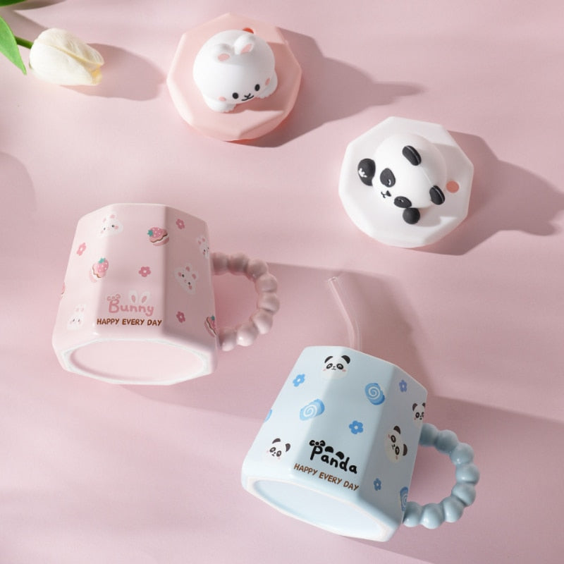 Cute Cartoon Ceramic Coffee Mug with Lid