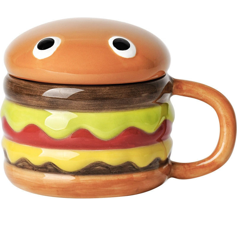 Cute Hamburger Funny Ceramic Coffee Mugs with Lid