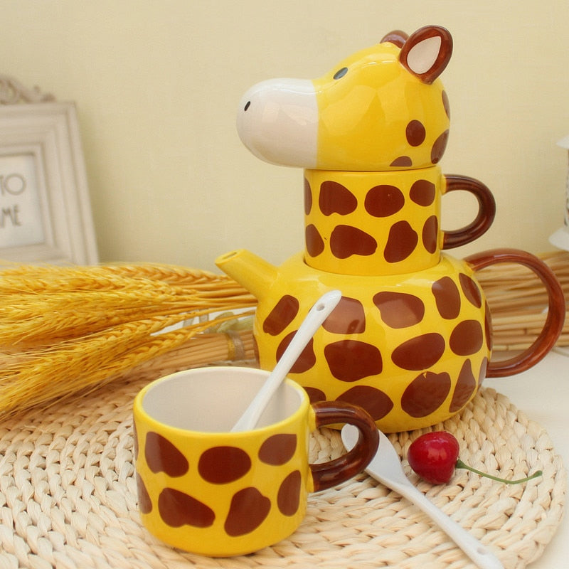 Cute Giraffe Shaped Ceramic Tea Pot with 2 Cups