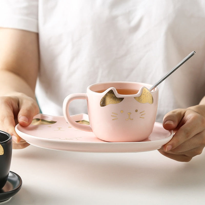 Cute Cat Ceramics Coffee Mug Set With Tray