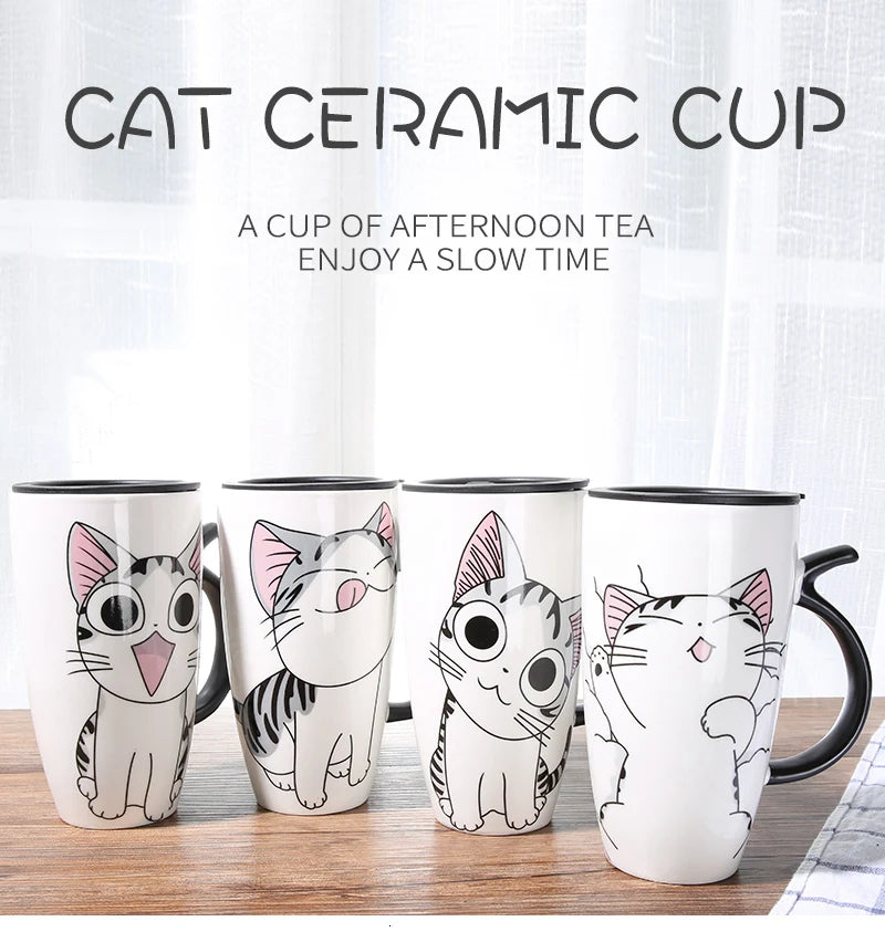 Cute Cat Ceramic Coffee Mug With Lid - 600ml