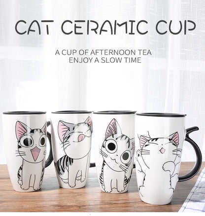 Cute Cat Ceramic Coffee Mug With Lid - 600ml