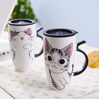 Cute Cat Ceramic Coffee Mug With Lid - 600ml
