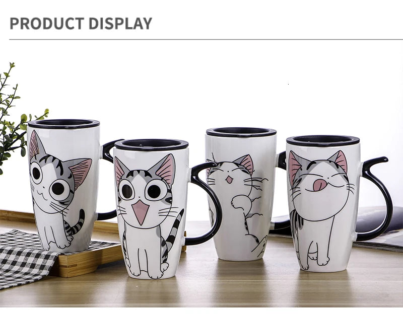 Cute Cat Ceramic Coffee Mug With Lid - 600ml