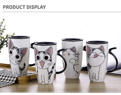 Cute Cat Ceramic Coffee Mug With Lid - 600ml