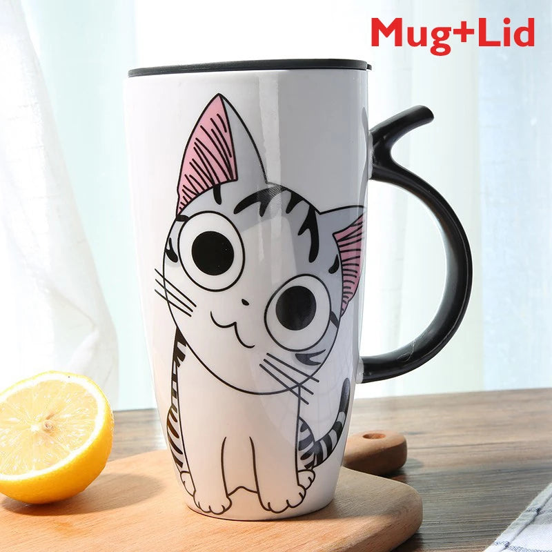 Cute Cat Ceramic Coffee Mug With Lid - 600ml