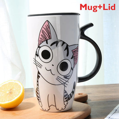 Cute Cat Ceramic Coffee Mug With Lid - 600ml