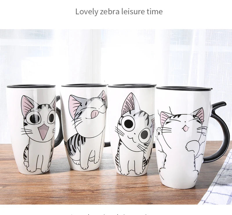 Cute Cat Ceramic Coffee Mug With Lid - 600ml