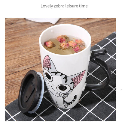 Cute Cat Ceramic Coffee Mug With Lid - 600ml