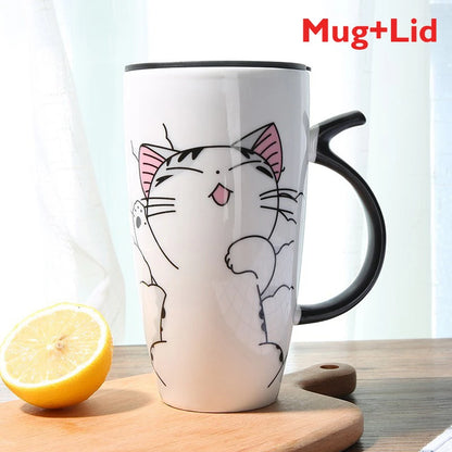 Cute Cat Ceramic Coffee Mug With Lid - 600ml