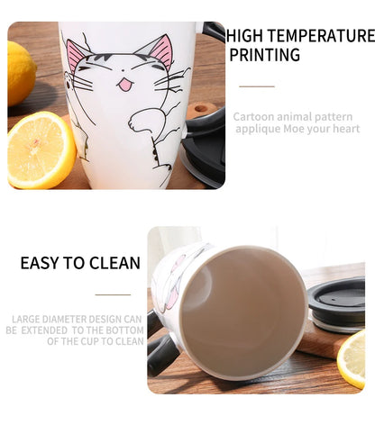 Cute Cat Ceramic Coffee Mug With Lid - 600ml