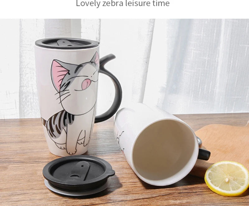 Cute Cat Ceramic Coffee Mug With Lid - 600ml