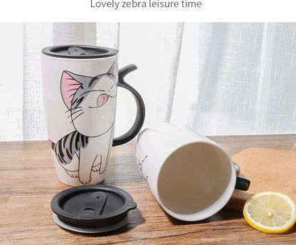 Cute Cat Ceramic Coffee Mug With Lid - 600ml