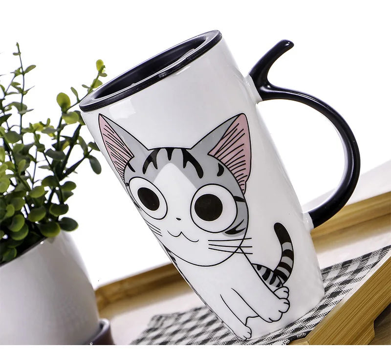 Cute Cat Ceramic Coffee Mug With Lid - 600ml