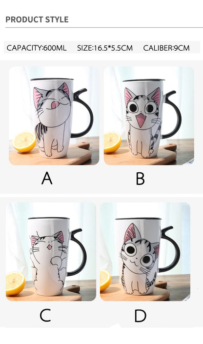 Cute Cat Ceramic Coffee Mug With Lid - 600ml
