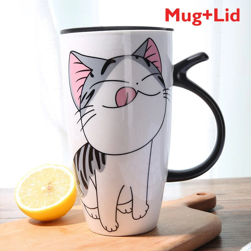 Cute Cat Ceramic Coffee Mug With Lid - 600ml