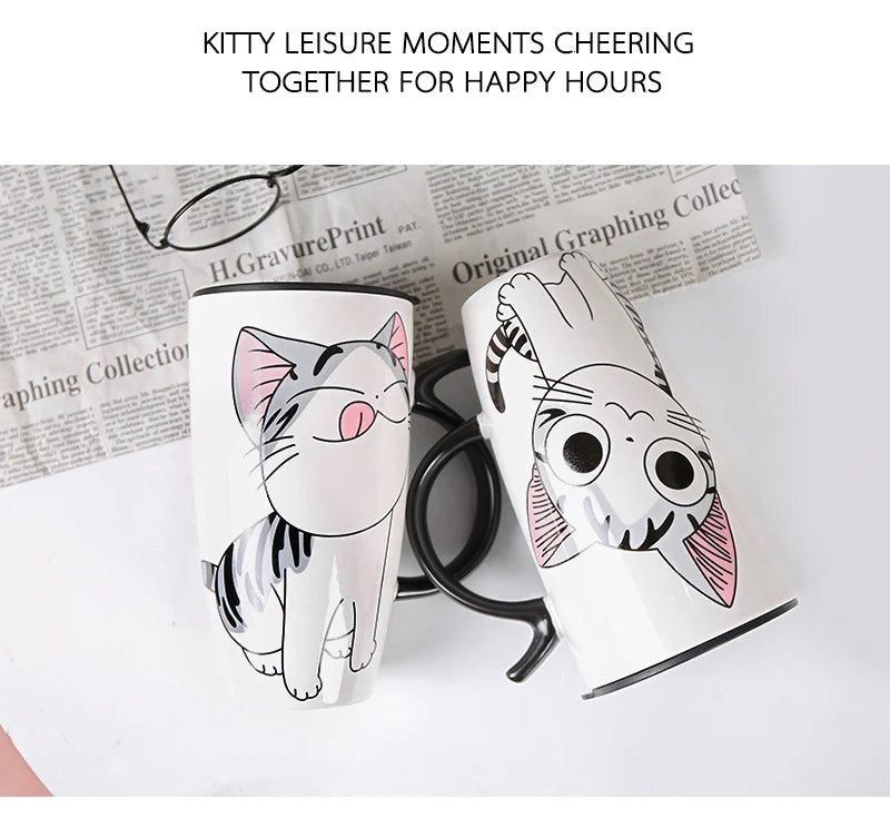 Cute Cat Ceramic Coffee Mug With Lid - 600ml