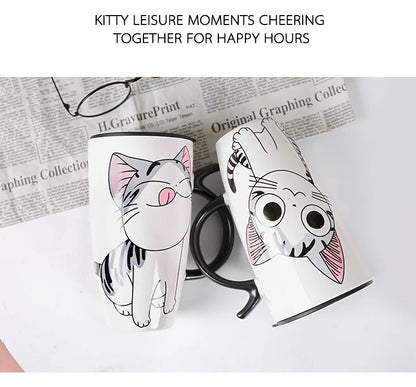 Cute Cat Ceramic Coffee Mug With Lid - 600ml