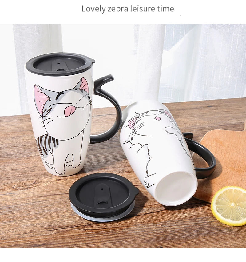 Cute Cat Ceramic Coffee Mug With Lid - 600ml