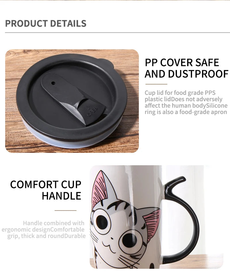 Cute Cat Ceramic Coffee Mug With Lid - 600ml