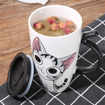 Cute Cat Ceramic Coffee Mug With Lid - 600ml